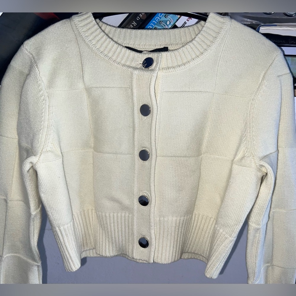 Button-Front Boxy Crewneck Cardigan - Cream